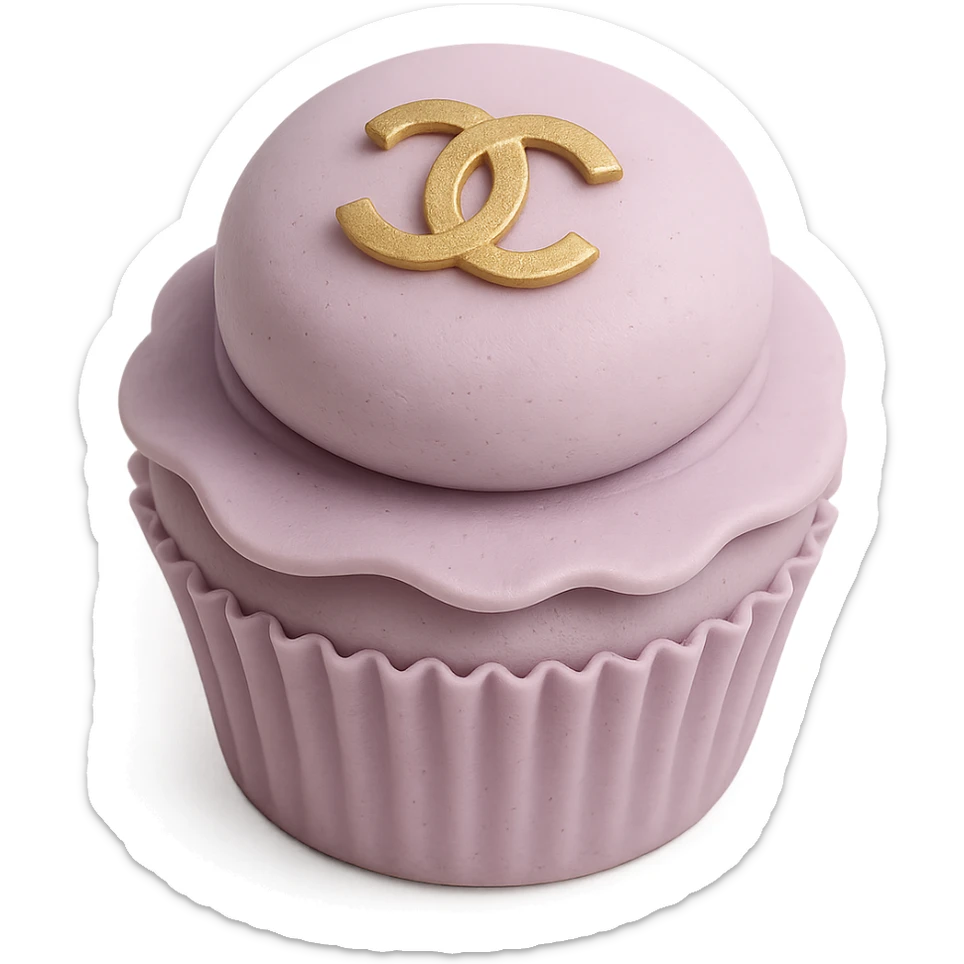 pastel lavender Chanel cupcake with a gold logo accent, luxury style sticker
