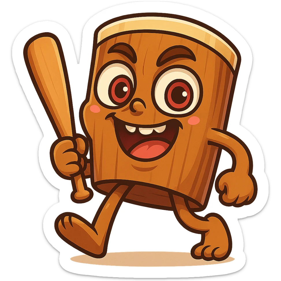 chibi emoji of Tun Tun Suhoor, wooden stick body with smooth brown texture, drum-like cylindrical body, holding baseball bat, cartoon style, bright vivid colors, expressive face, dynamic pose, a bit creepy yet funny,  sticker