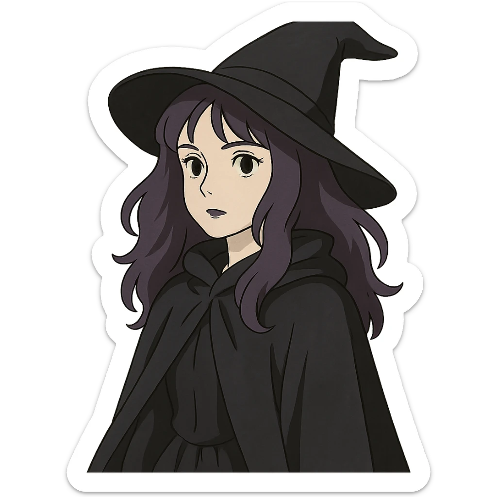 gothic woman with purple hair, witchy touch, wearing a black cloak, ghibli style sticker