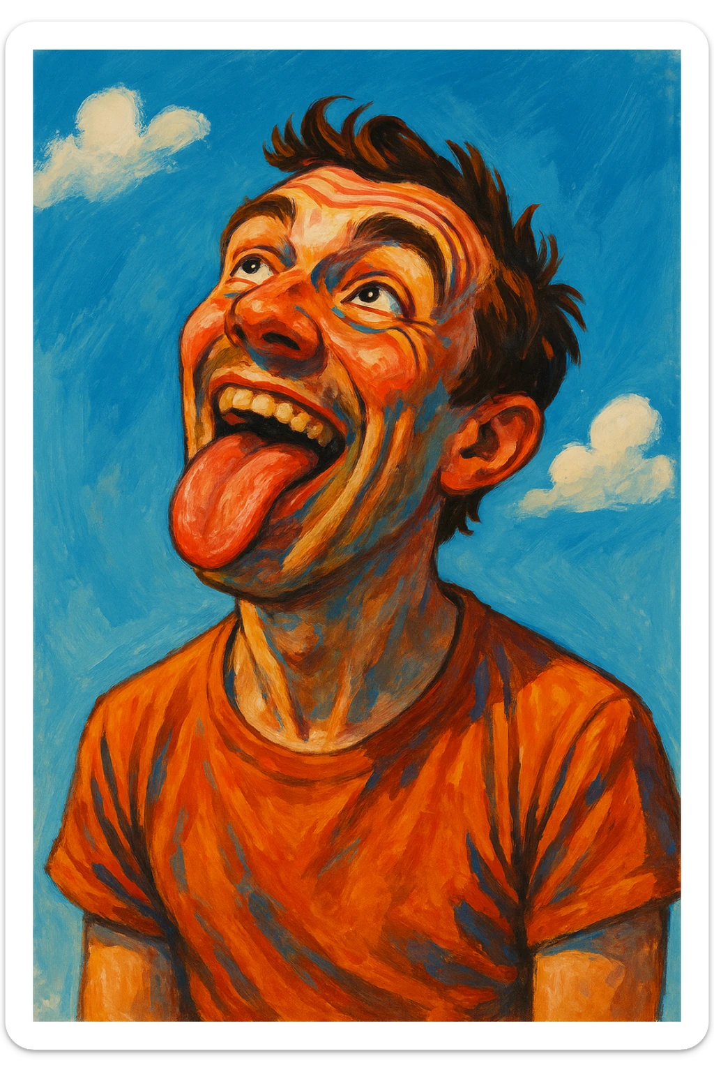 an expressive illustration of a man sticking out his tongue and looking up to the sky sticker