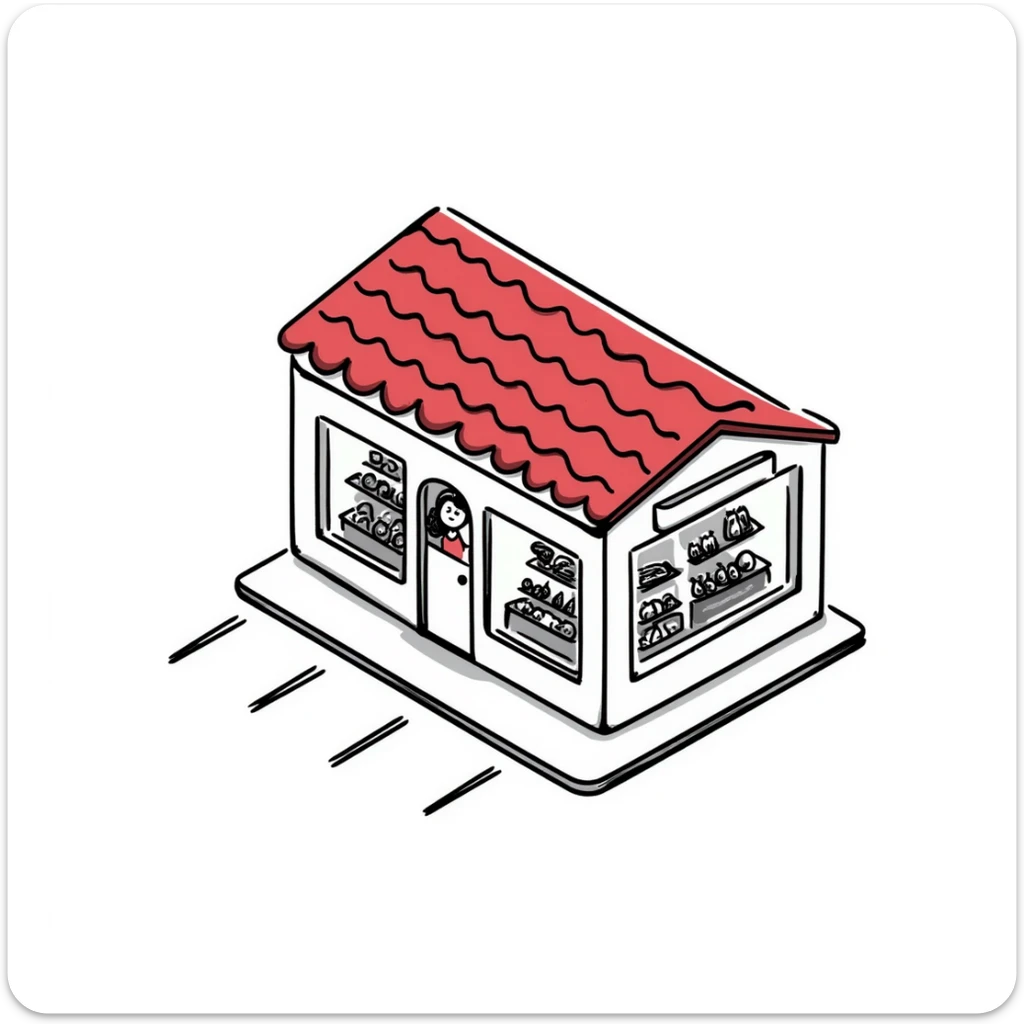 isometric view of a supermarket with a distinctive red tiled roof, glass entrance, and small parking lot sticker