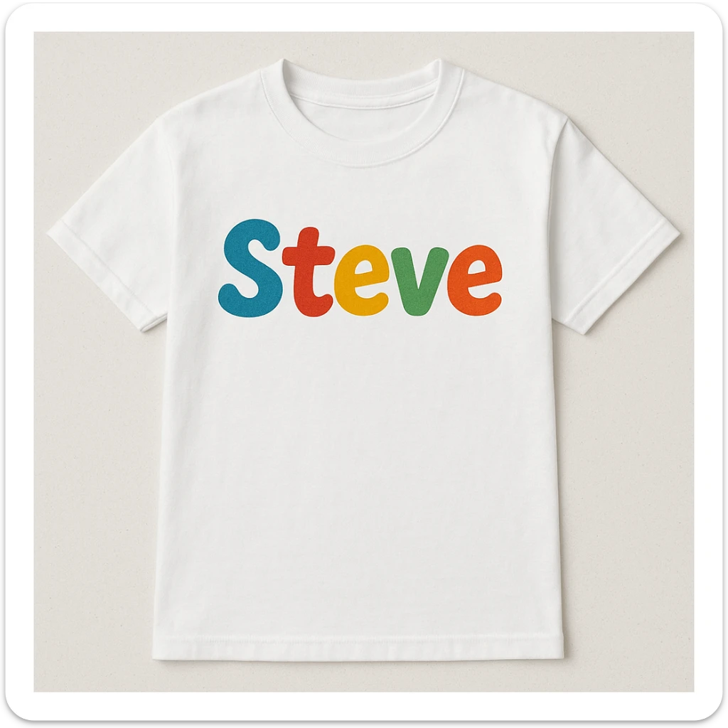 a shirt with 'Steve' written in a playful font sticker