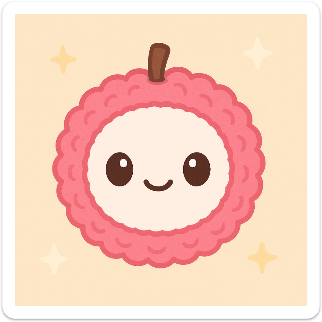 kawaii lychee emoji with plush toy-like look, round white face, big shiny eyes, happy smile, bright pink bumpy skin, small brown stem, glossy 3D style, soft shading, detailed texture, cheerful and expressive sticker