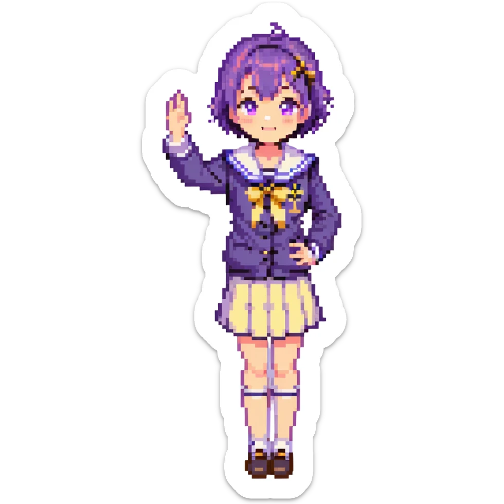 Pixel art anime girl with short bright purple hair wearing Japanese sailor style school uniform, composed posture with hand on hip but shyly waving with other hand, blushing face and timid smile, very shy expression sticker