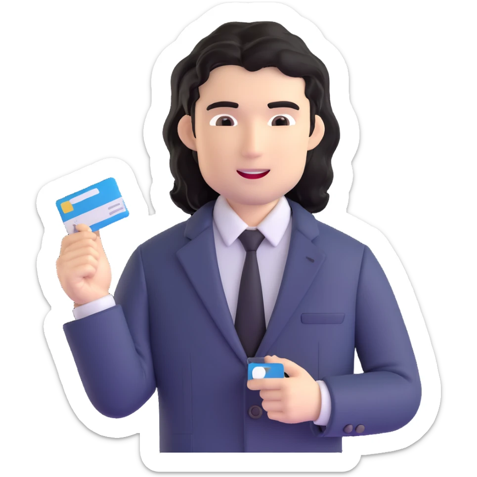 Business strategist with black wavy hair, stubble, chiseled face, wearing blazer and button-up shirt, engaged in conversation at a networking event, holding business card, surrounded by other professionals, social business setting sticker