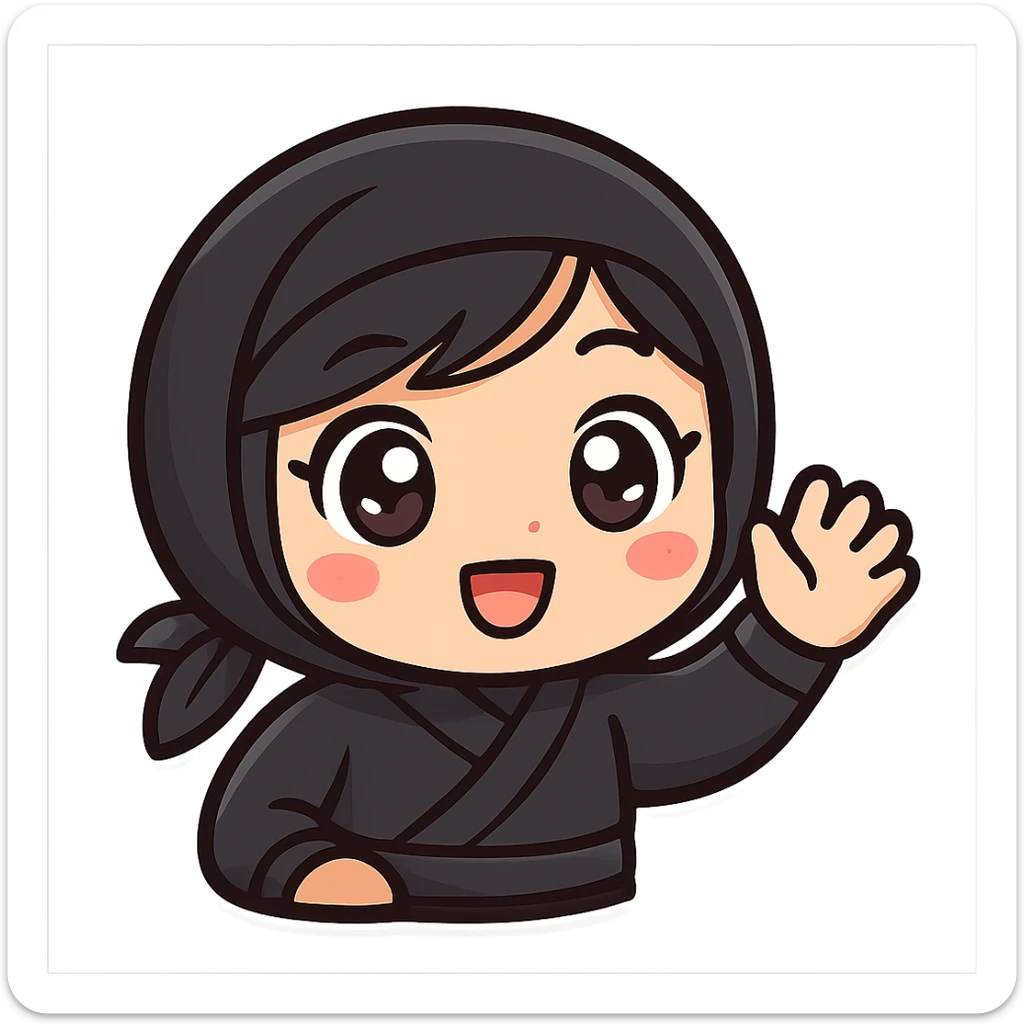 Super cute kawaii chibi style ninja girl with big sparkling eyes, round face, soft colors, playful charm, black short hair with a blonde streak, only head and arms visible, bold outlines, no mask, hand fully raised waving to the right, smiling, sized for Twitch emoji use. sticker