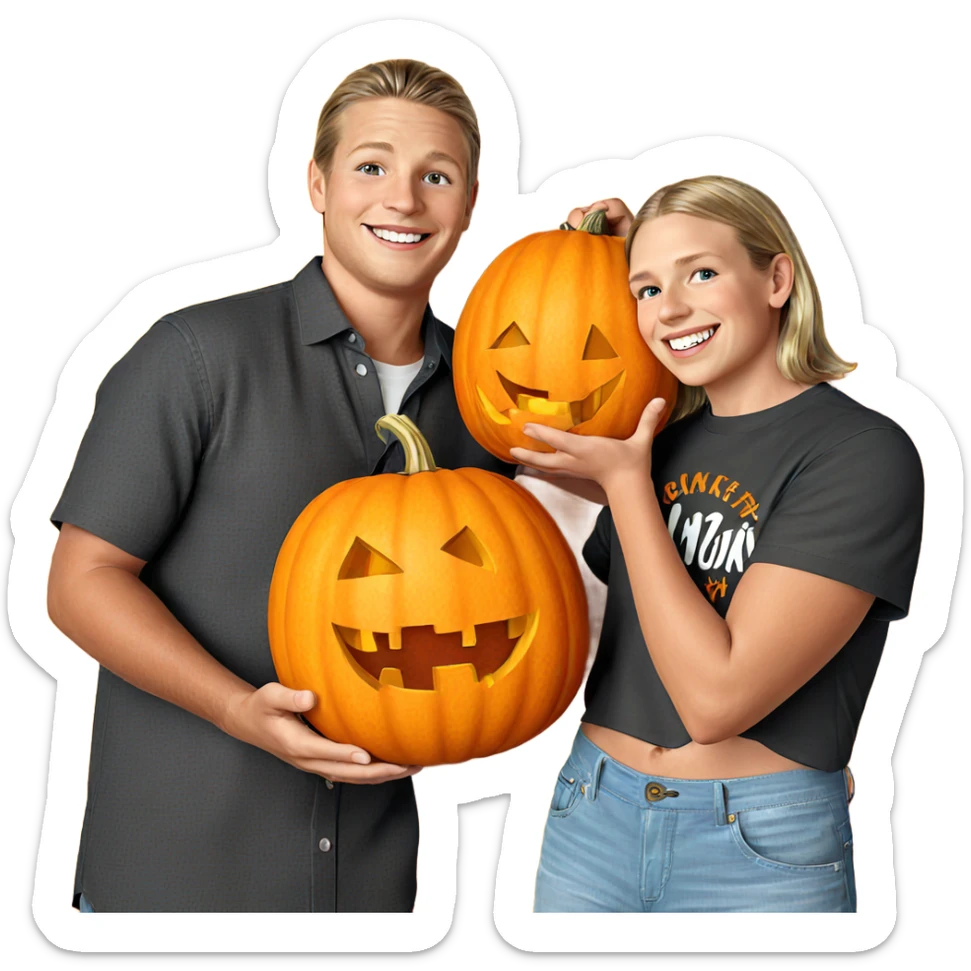 smiling boy with pumpkin sticker