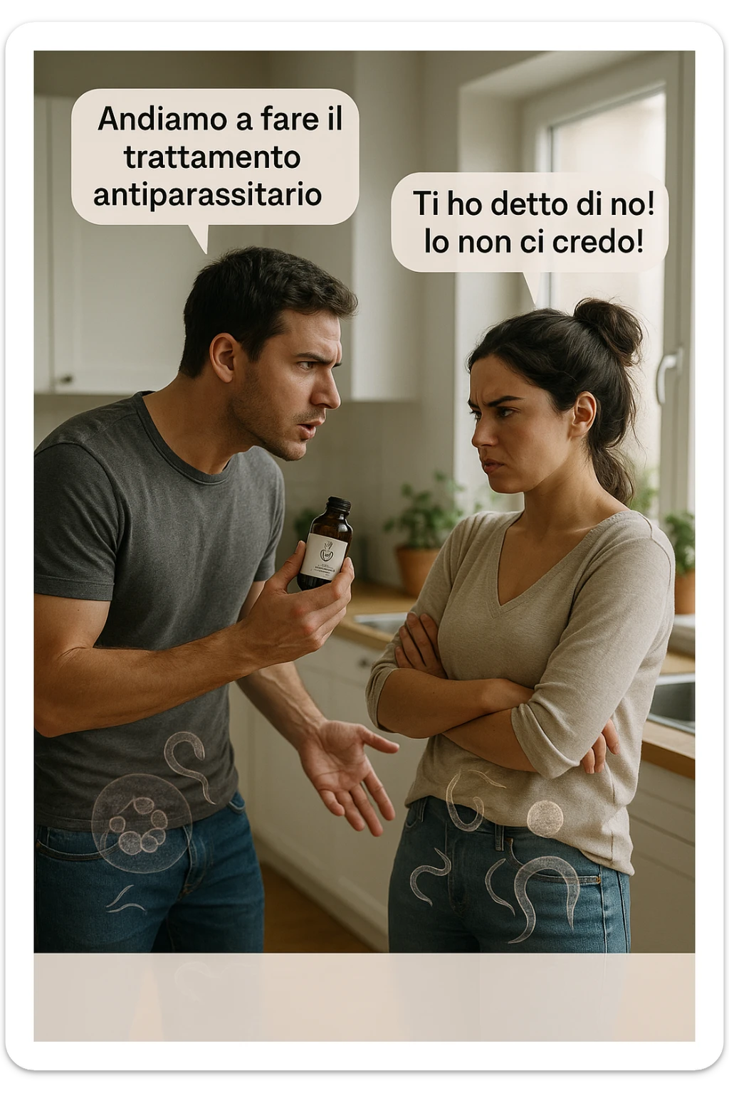 A highly realistic, cinematic photo of a young couple in their early 30s having an argument in a bright modern kitchen. The man, athletic build, wearing a casual T-shirt and jeans, is speaking firmly with a raised hand holding a small amber glass bottle labeled with a subtle herbal symbol, saying 'Andiamo a fare il trattamento antiparassitario' with a determined expression. The woman, with long dark hair tied in a messy bun, casual home outfit, crosses her arms with an angry, defensive expression, replying 'Ti ho detto di no! Io non ci credo!' while slightly turning away. Tension is visible in their body language, with the man leaning forward trying to explain and the woman leaning back, her eyebrows furrowed. Around them, subtle ghostly overlays of microscopic parasites are faintly visible near their abdominal areas, symbolizing the hidden reason for the argument. The kitchen is bright and modern with plants and natural light, contrasting the emotional tension. The style is hyperrealistic with warm tones and shallow depth of field focusing on their facial expressions, illustrating the conflict between belief in natural treatments and skepticism within the couple regarding hidden parasitic infections. in italiano sticker