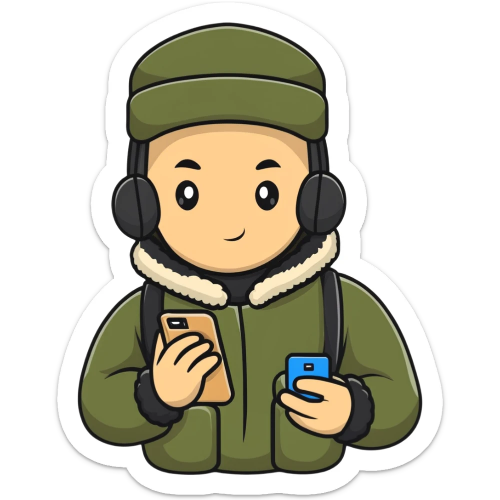 Russian military blogger wearing an ushanka hat and a vatnik, holding a smartphone sticker