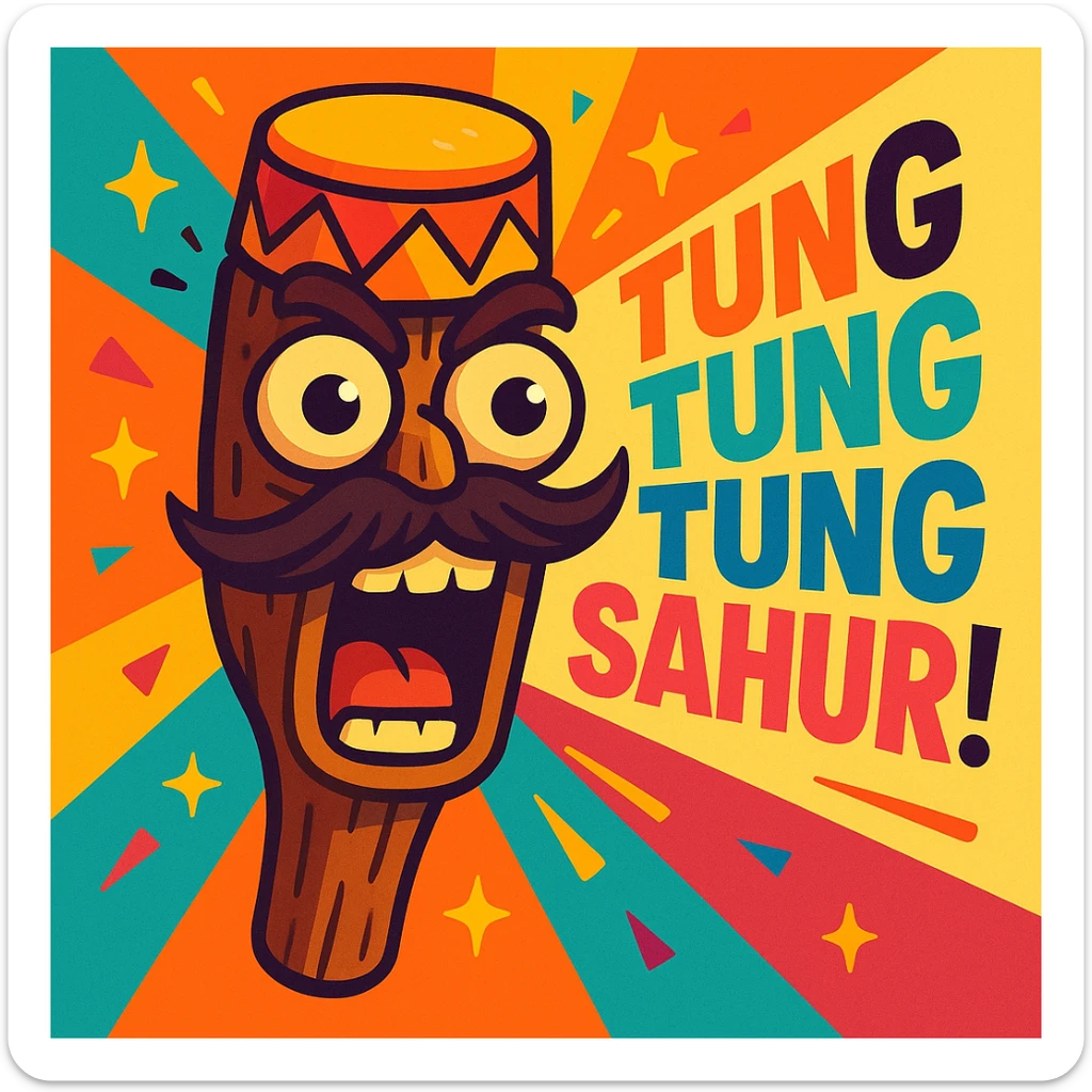 chaotic wooden club emoji with bug eyes, carved face, wild mustache, drum hat, sparkles, yelling 'TUNG TUNG TUNG SAHUR!', colorful dynamic style sticker
