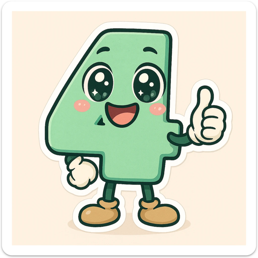 Add a cute, expressive cartoon face to the number 4, keeping the playful cartoon style consistent with chibi stickers style. sticker