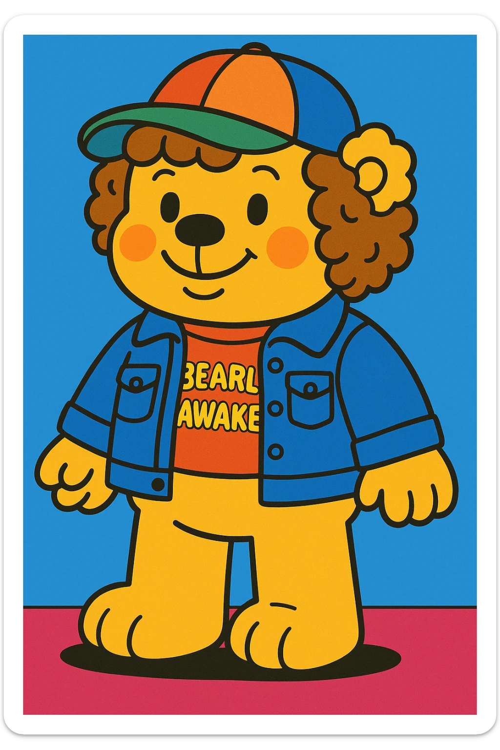 Dustin-bear wearing a denim jacket, funny t-shirt, colorful cap, curly hair, friendly smile, in Bobbie Goods style. sticker
