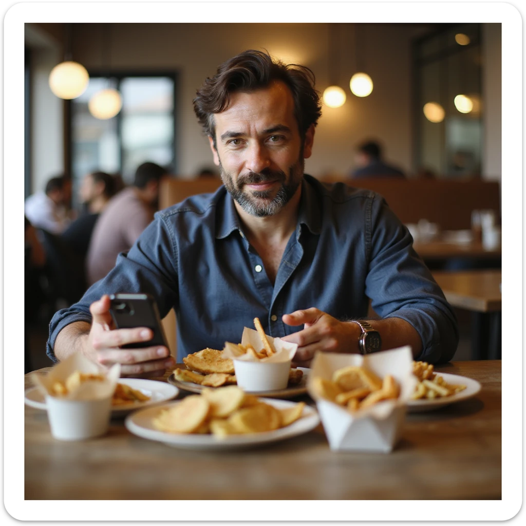Uomo che ordina spesso cibo a domicilio tramite app, sacchetti di fast food sul tavolo, smartphone in mano, testo in italiano: 'Cibo pronto, zero fatica'. sticker