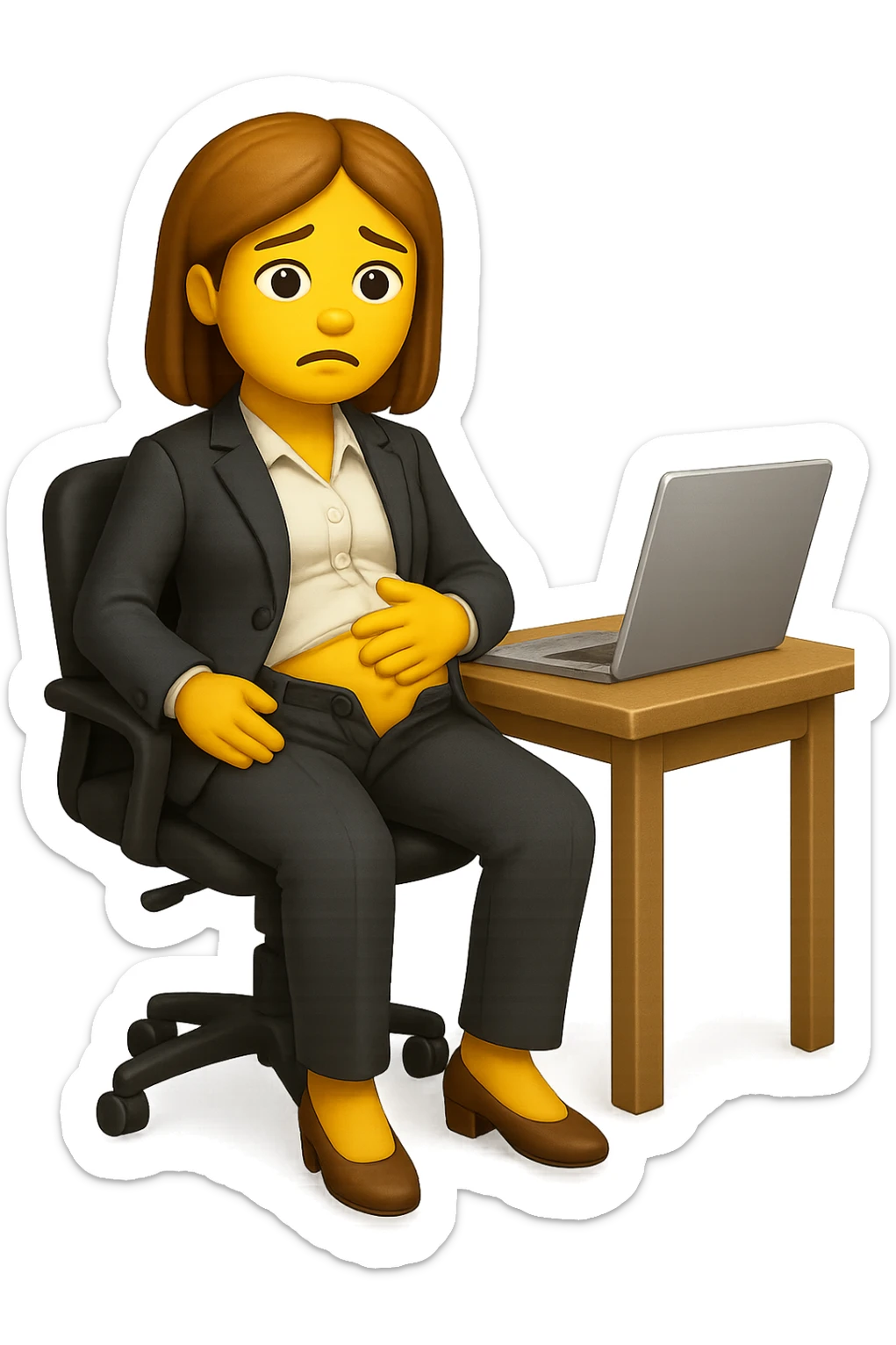 emoji stile iphone di una donna seduta alla scrivania dell'ufficio in completo elegante con i pantaloni sbottonati perché ha la pancia gonfia, falla a corpo intero, iperrealistico 4k sticker