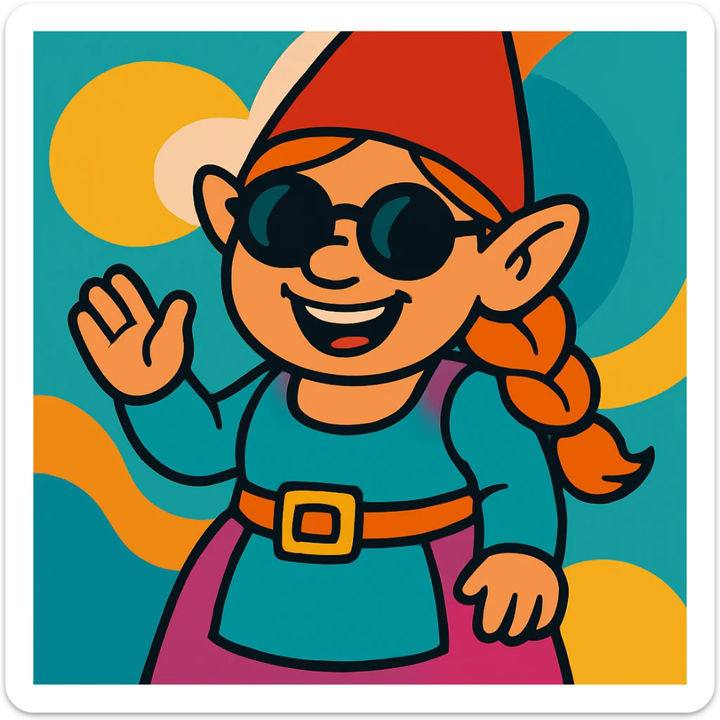 Change the sunglasses on the female gnome to round, retro style sunglasses. Keep the rest of the image intact. sticker