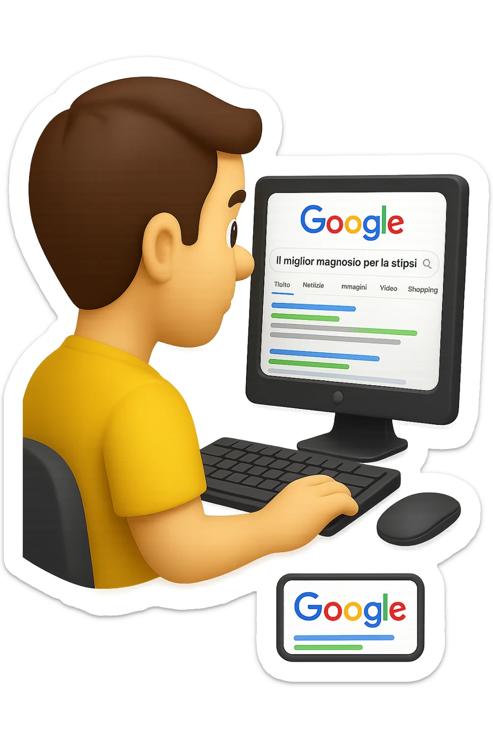 emoji stile iphone di un uomo davanti al pc che cerca di google: "Il miglior magnesio per la stipsi", iperrealistico 4k sticker