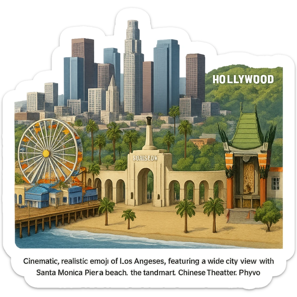 cinematic, realistic emoji of Los Angeles, featuring a wide city view with the Santa Monica Pier and beach, the iconic downtown LA skyline, the landmark arches of the Los Angeles Memorial Coliseum, the famous Chinese Theater, and the Hollywood Sign, with lifelike architectural detail, accurate colors, bright daytime lighting, fully transparent background, no sky, no clouds, no city name label sticker