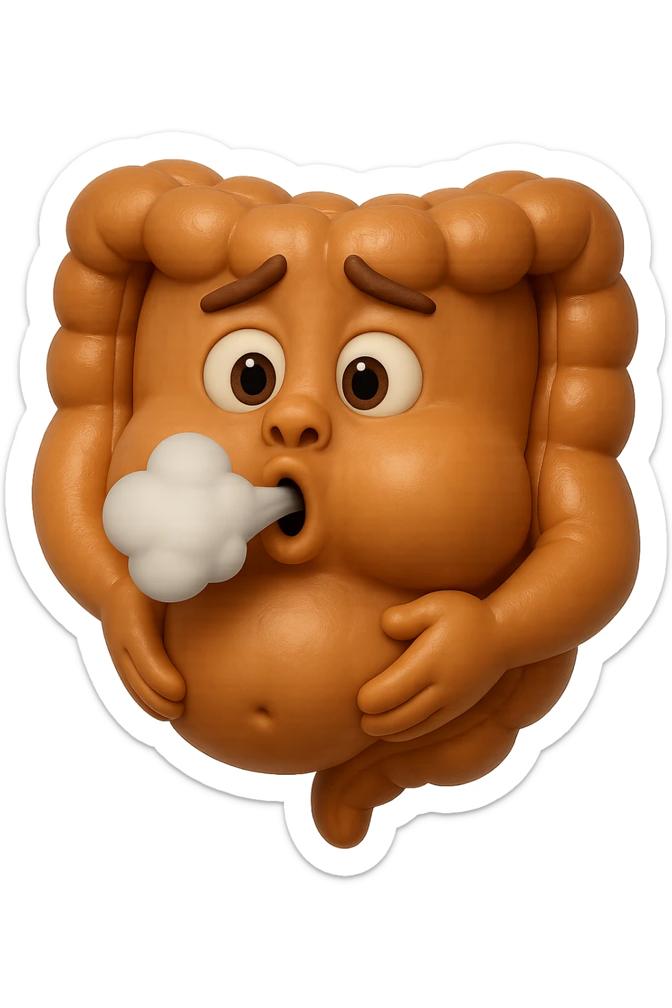 emoji stile iphone di un intestino che ingoia una nuvoletta di aria ben visibile e gli si gonfia la pancia, iperrealistico 4k sticker