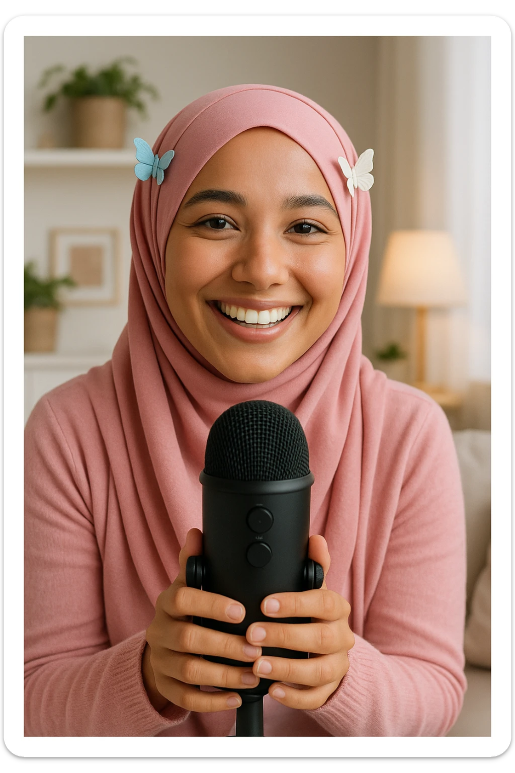 a girl ASMR content creator in a modern pink hijab, butterfly hairclips on each side, holding a microphone, cheerful and welcoming sticker