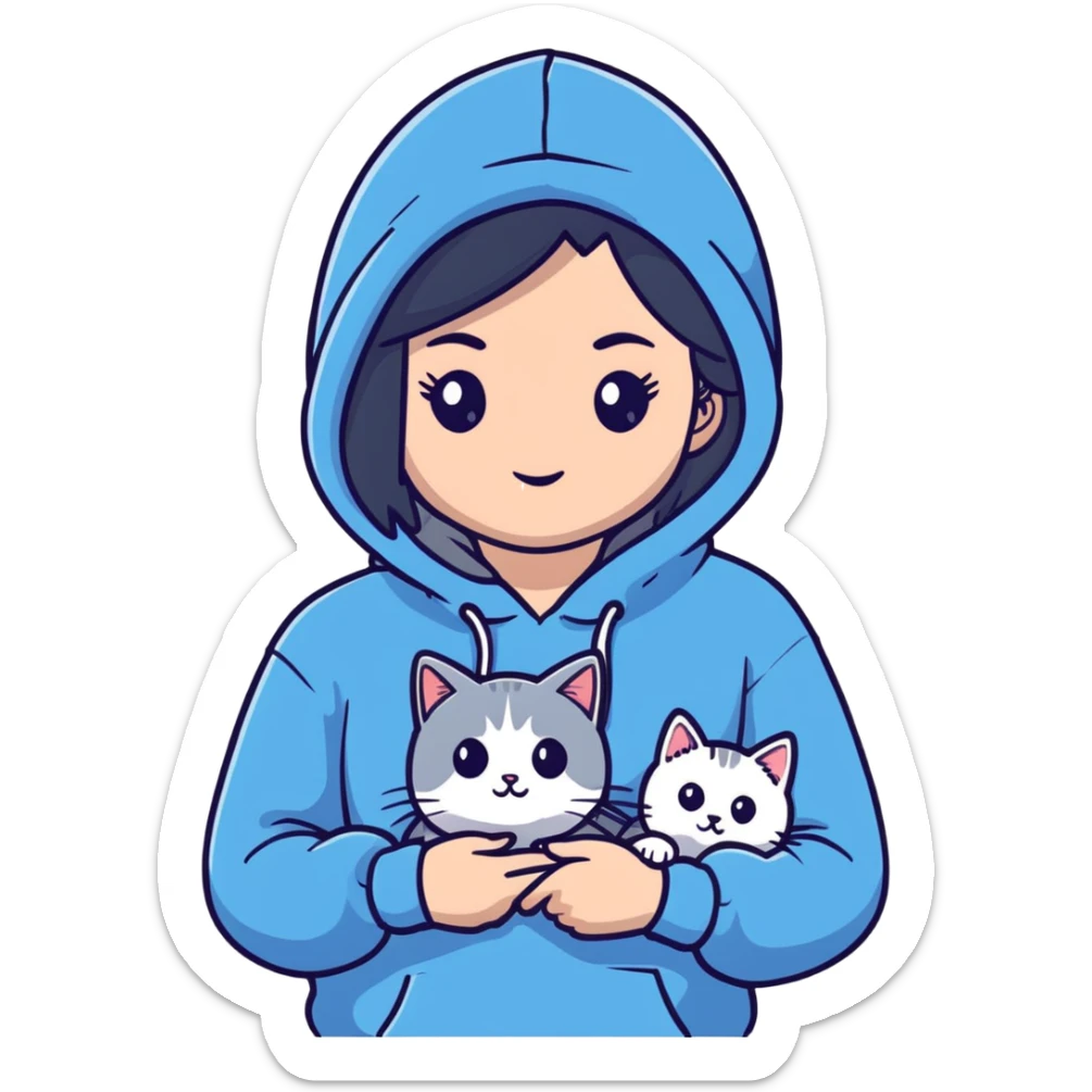 Girl with black hair in gray hoodie with a British shorthair blue and white cat and a long-haired blue and white cat sticker