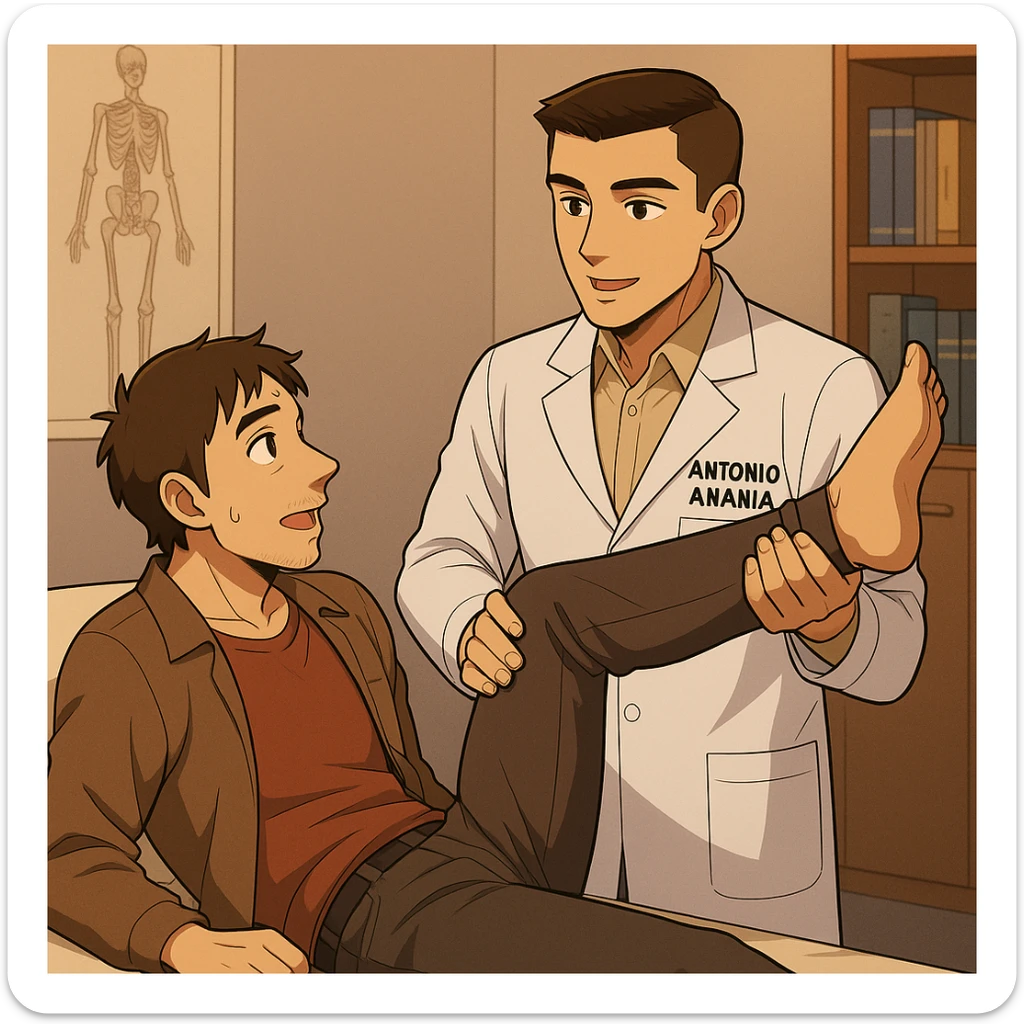 fai un webtoon manga a colori con questo stile, in cui un uomo è steso sul lettino medico e il kinesiologo con il camice bianco (fagli anche la scritta "ANTONIO ANANIA" SUL CAMICE, gli solleva una gamba per fargli il test neuromuscolare, IL KINESIOLOGO SPIEGA ALL'UOMO UNA cosa mentre gli alza la gamba. non fare i fumetti però, fai solo in modo che sembri stiano parlando sticker