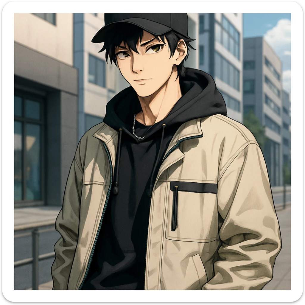 anime style handsome man with light skin in modern streetwear cosplay, cool and attractive sticker