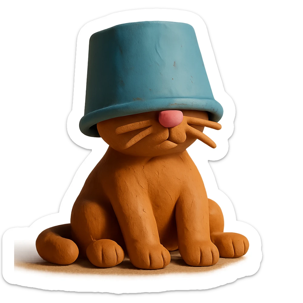 cute cat sitting with a large bucket stuck on its head sticker