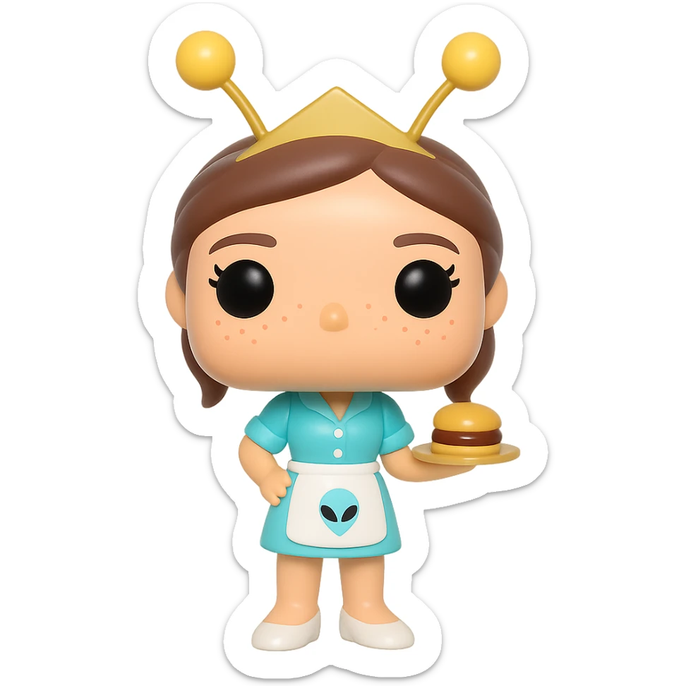 Create a Funko Pop style vinyl figure of Liz Parker from the Roswell series. She is wearing a light blue Crashdown Café waitress outfit with a white apron featuring an alien logo. She has a golden antenna headband, brown tied-up hair, rosy cheeks, freckles, and a friendly expression. She is holding a tray with a hamburger. The background should be transparent. sticker
