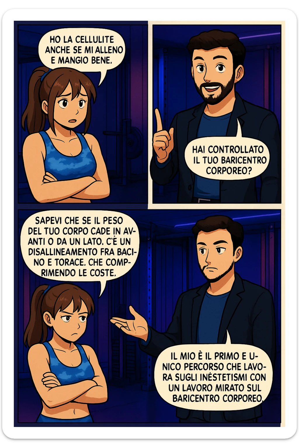 PRENDI SPUNTO DA QUESTO STILE FACENDO UN WEBTOON/MANGA:

LEI (DONNA): Ho la cellulite anche se mi alleno e mangio bene, cosa posso fare?

LUI (UOMO): Hai controllato il tuo baricentro corporeo?
LUI (UOMO): Sapevi che se il peso del tuo corpo cade in avanti o da un lato, c’è un disallineamento fra bacino e torace, che comprimendo le coste, limita la motilità del diaframma e l’ossigenazione dei tessuti?
LUI (UOMO): Il mio è il primo e unico percorso che lavora sugli inestetismi con un lavoro mirato sul baricentro corporeo. sticker