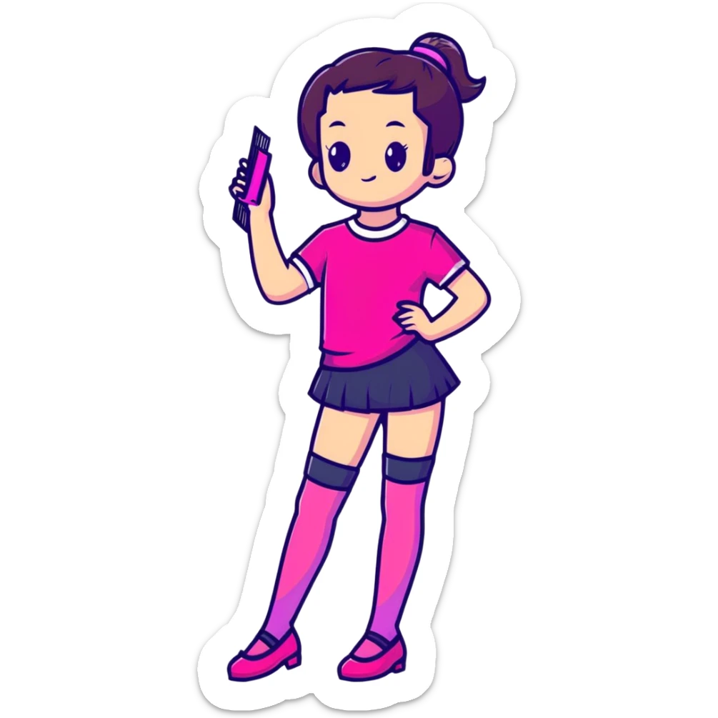 Cute girl character in stockings adjusting fashion accessory, bright pink gradient, transparent glass style with highlights sticker