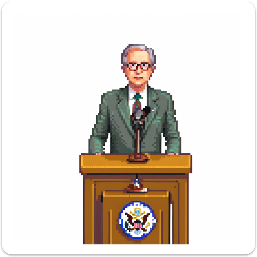 a SNES box art image of a man who looks like a fiftysomething distinguished american politician, standing and speaking emphatically at a podeum. cutscene graphic sticker