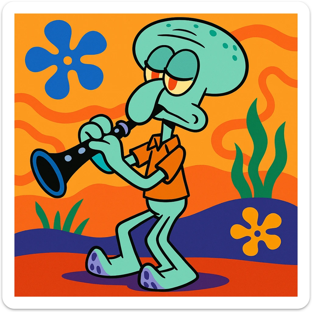 Squidward Tentacles playing the clarinet, vibrant cartoon style sticker