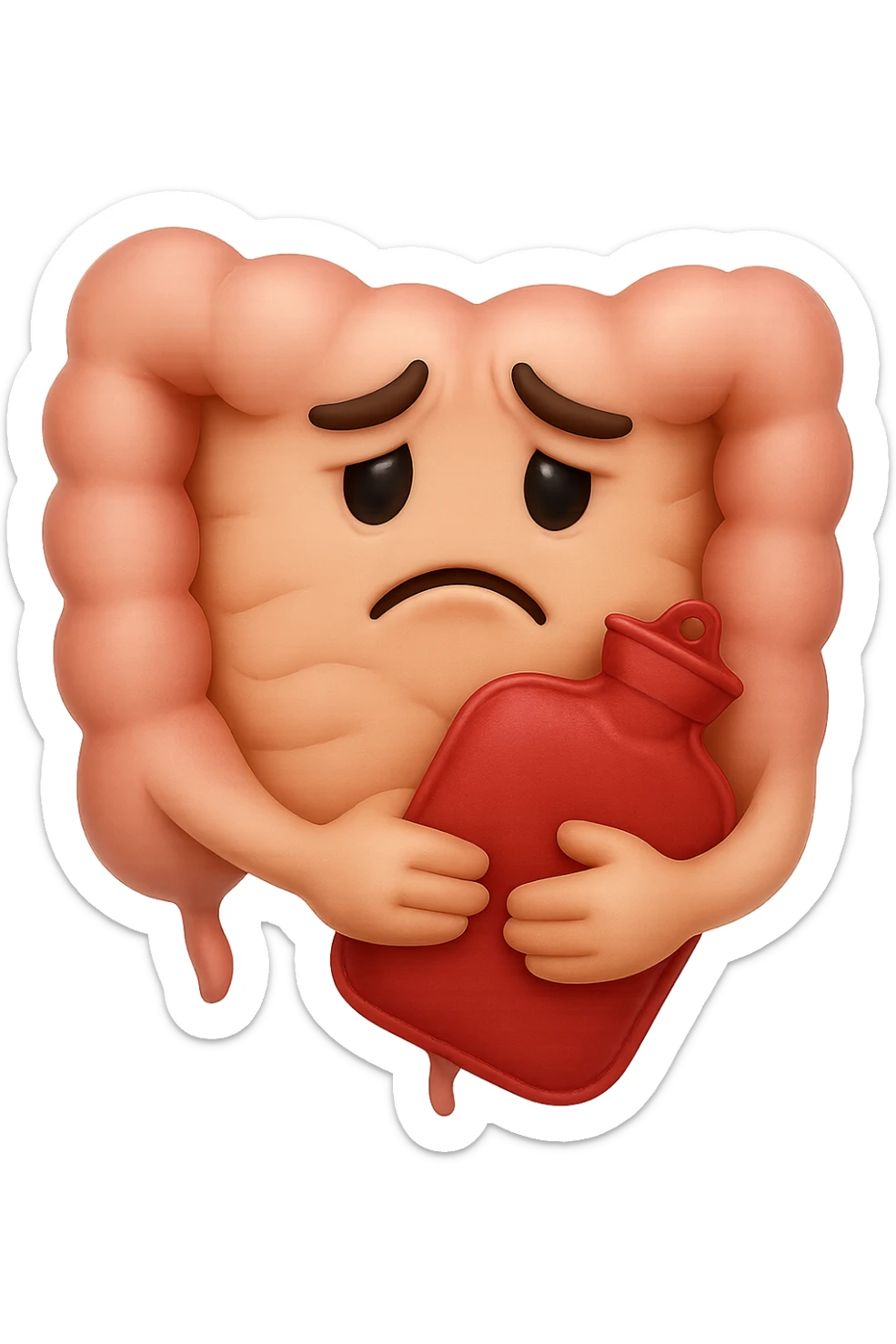 emoji stile iphone di un intestino che si tiene la borsa dell'acqua calda al centro, espressione di tristezza in volto, iperrealistico 4k sticker