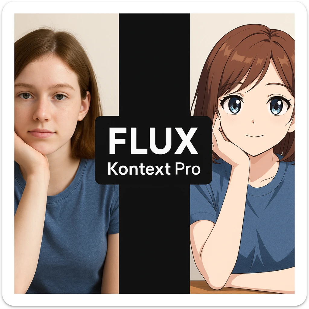 create before after image of a girl before is realsitic photo, after is anime version of her in same pose and clothes, add logo with text of a "FLUX Kontext Pro" in middle in big, black background sticker