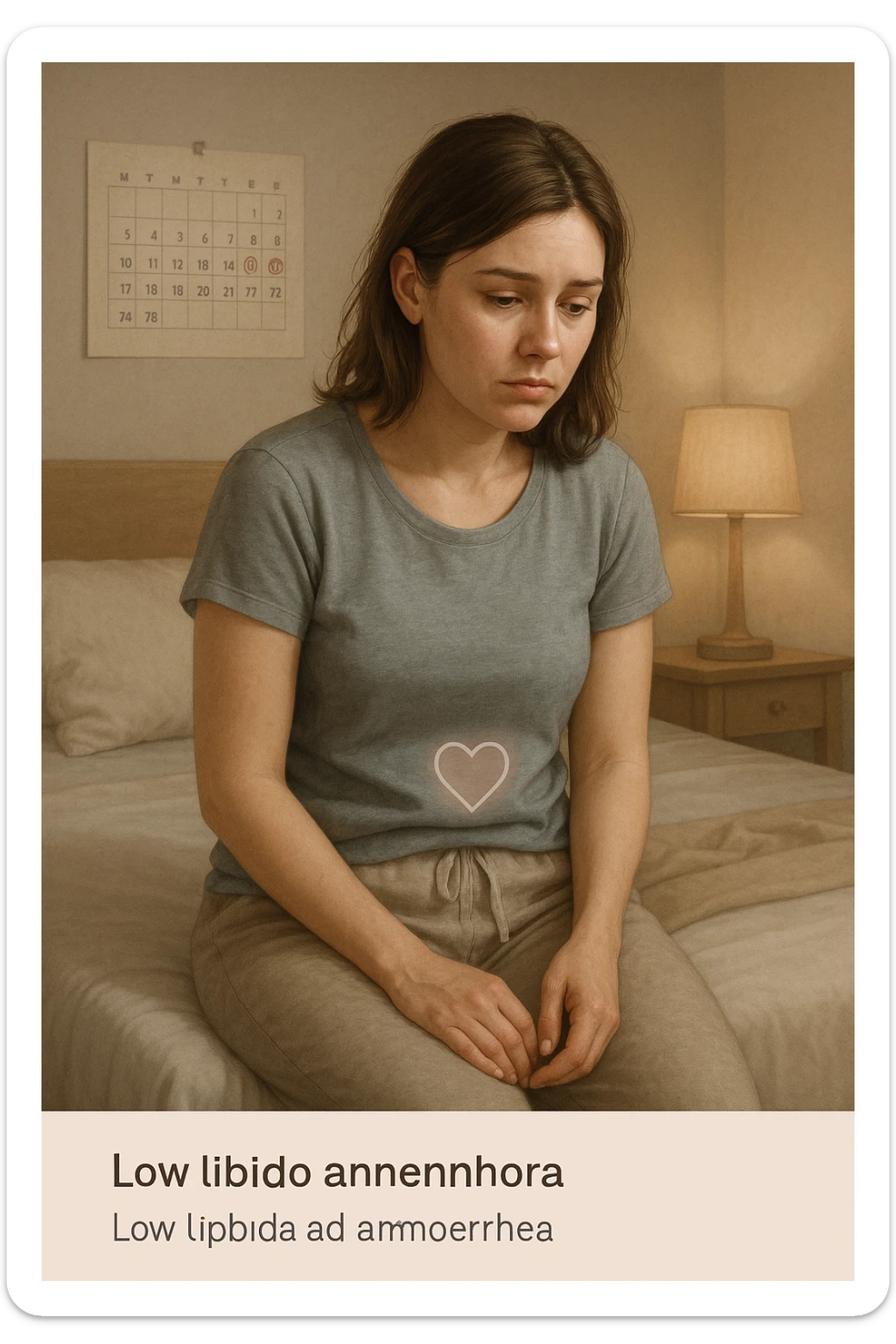 3D realistic medical illustration: a young woman in her 20s or 30s sits on the edge of a bed in a softly lit bedroom, looking thoughtful and slightly concerned. She wears comfortable loungewear, her posture is slouched, and her expression is subdued. Subtle visual cues—such as a faded calendar with missed menstrual cycles and a dimmed heart or energy icon near her abdomen—symbolize low libido and amenorrhea. The scene is realistic, intimate, and empathetic. sticker