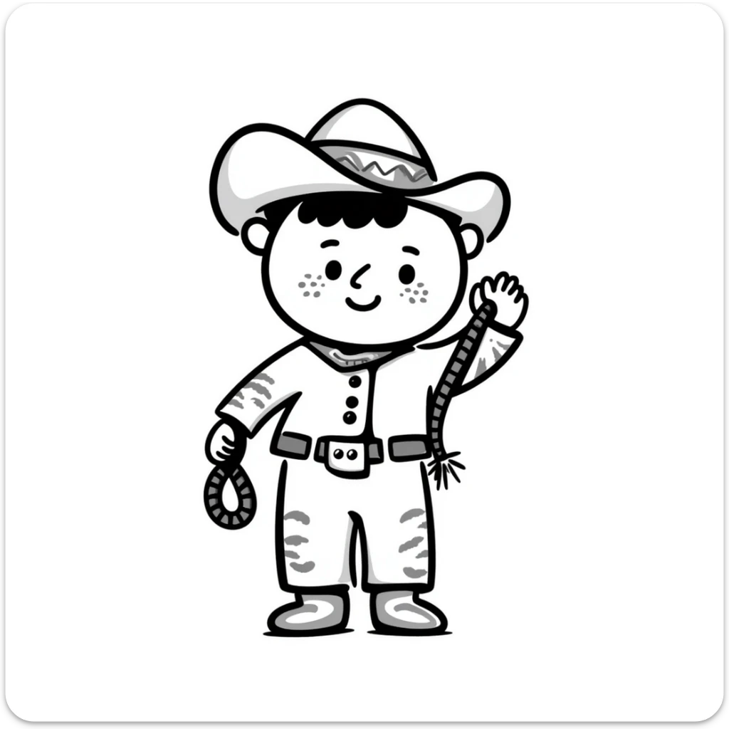A hand-drawn plush baby cowboy toy with a lasso and cute freckles sticker