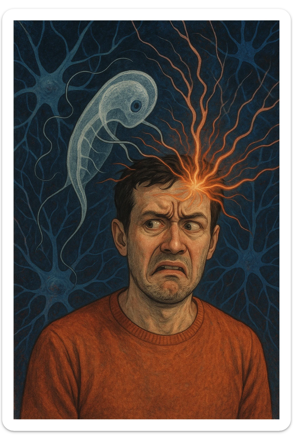 Uomo con espressione confusa e sbalzi emotivi visibili sul volto, in un ambiente surreale. Un'ombra astratta o un parassita trasparente (Toxoplasma gondii) si insinua nel cervello, con linee energetiche che influenzano le emozioni. Sfondo neurologico, atmosfera tesa, simbolismo mentale e parassitario. sticker