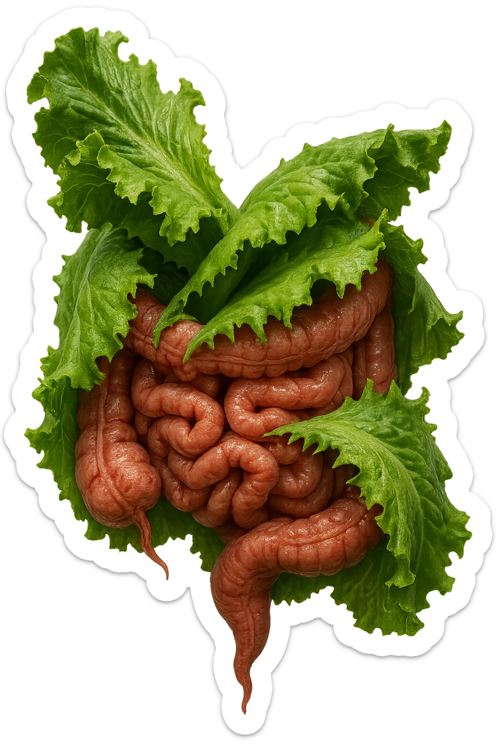 foglie di insalata che attaccano un intestino anatomico umano per distruggerlo, IPERREALISTICO 4K sticker