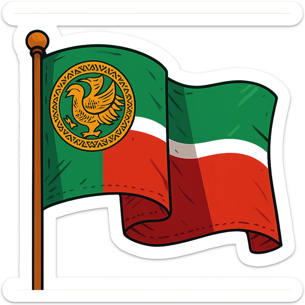 Tatarstan flag, vibrant and detailed, waving in the wind, green, white, and red stripes, golden emblem on the left side, intricate patterns, realistic fabric texture, vibrant colors, national symbol, cultural heritage, waving motion, outdoor scene, sunlight casting gentle shadows, detailed stitching, emblem's golden eagle with outstretched wings, traditional Tatar ornamentation, rich cultural symbolism, dynamic and lively sticker