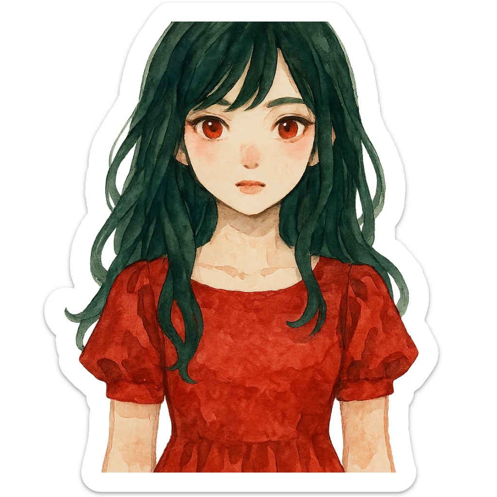watercolor style girl with dark green hair, red eyes, and a red dress sticker