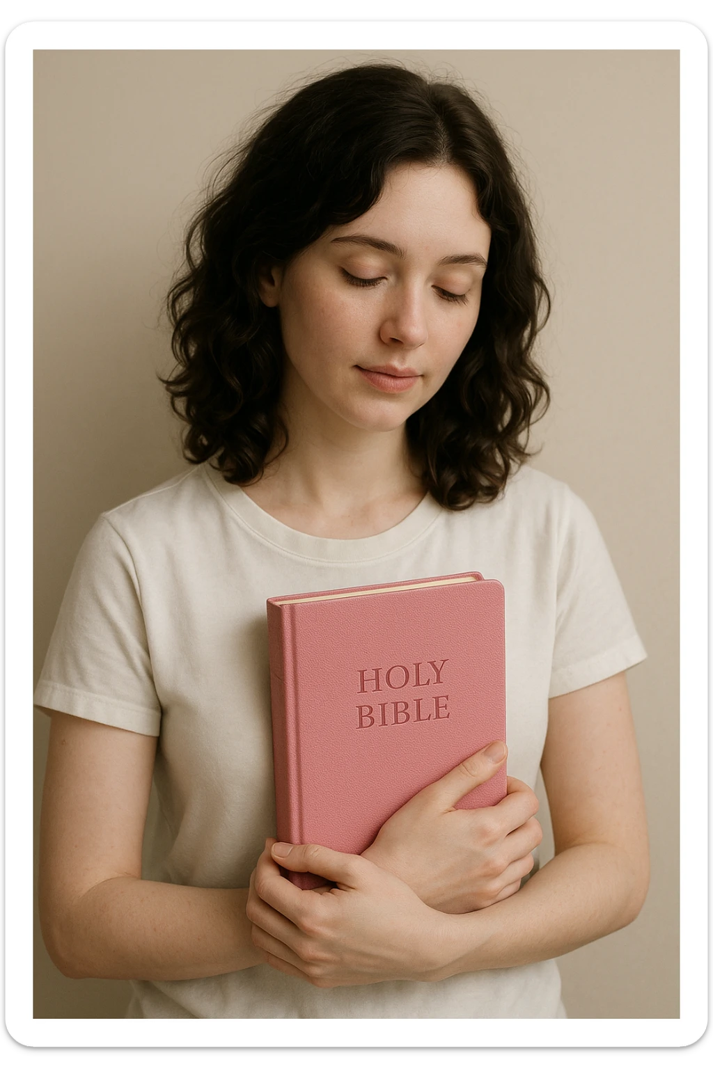 Pale-skinned woman with wavy brunette hair, white t-shirt, holding a pink Bible, gentle and calm pose, simple background sticker