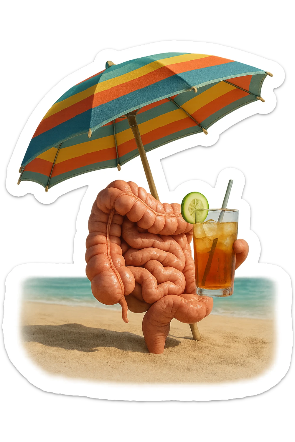 INTESTINO SEDUTO IN SPIAGGIA SOTTO L'OMBRELLONE MENTRE BEVE THè FREDDO CON CETRIOLO
IPERREALISTICO 4K sticker