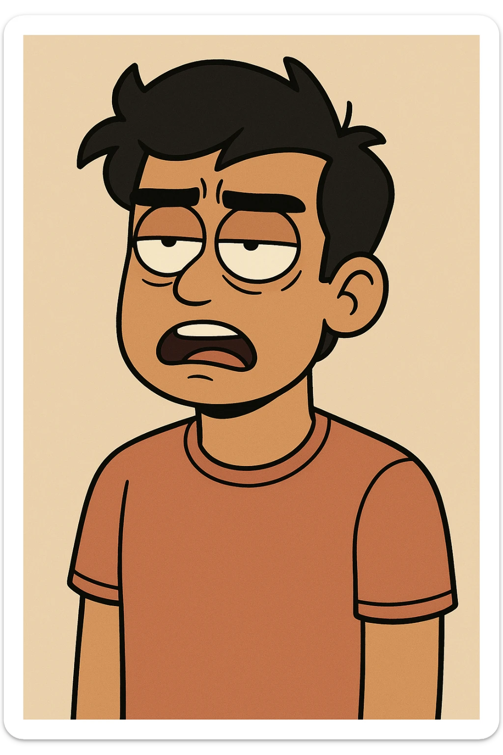 tan complexion male, black hair, rolling eyes, cartoon style sticker