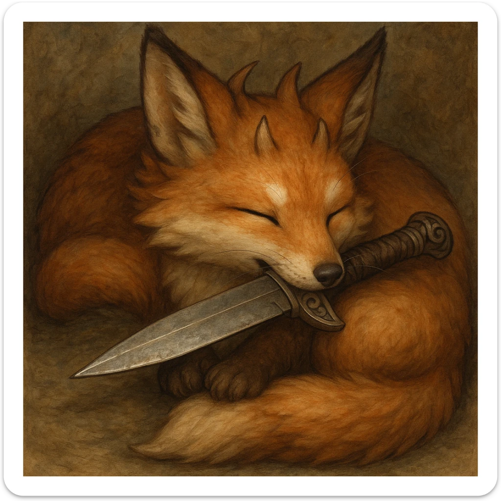 a sleeping fox kitsune with a knife in his mouth, detailed, cute, fantasy style sticker