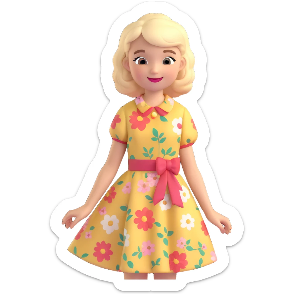 girl in a vintage floral dress, smiling, retro hairstyle sticker