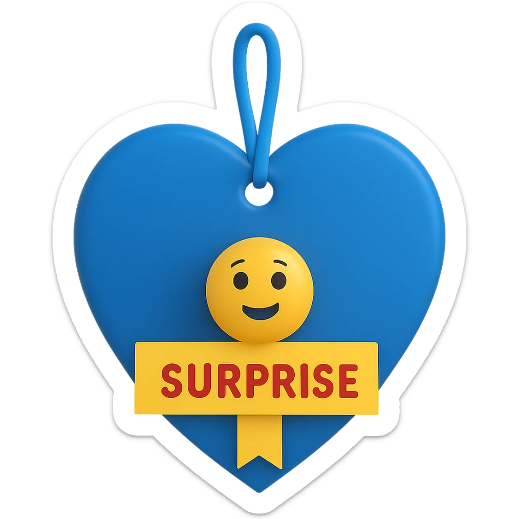 Change the heart-shaped gift tag to blue, keep the name 'Surprise' in 3D emoji style. sticker
