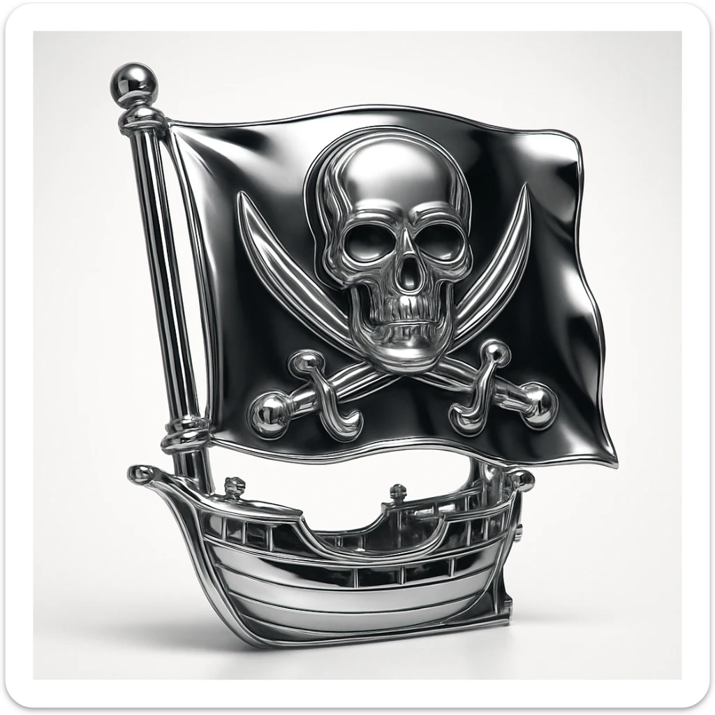 chrome style close-up of pirate ship focusing on flag with chrome emblem based on skull and crossed bones, ship's chrome details glinting in the light sticker