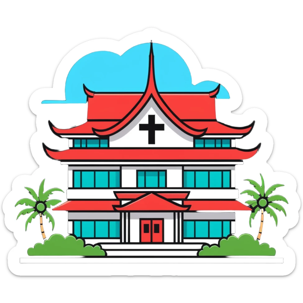 Modern Thai hospital building with traditional Thai roof elements, medical cross symbol, palm trees sticker