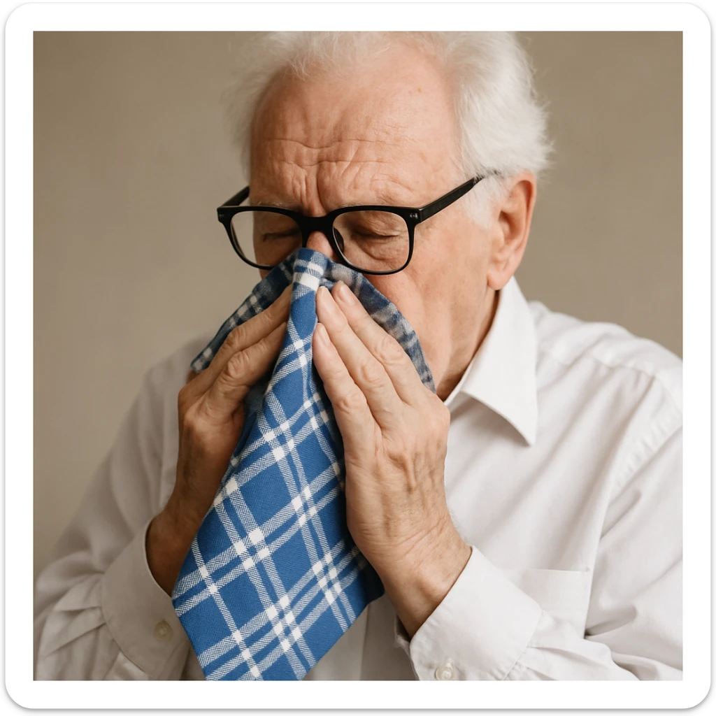 old man with white hair, white skin, black-framed glasses, wearing a white shirt, blowing his nose on a large thick blue and white checkered handkerchief sticker