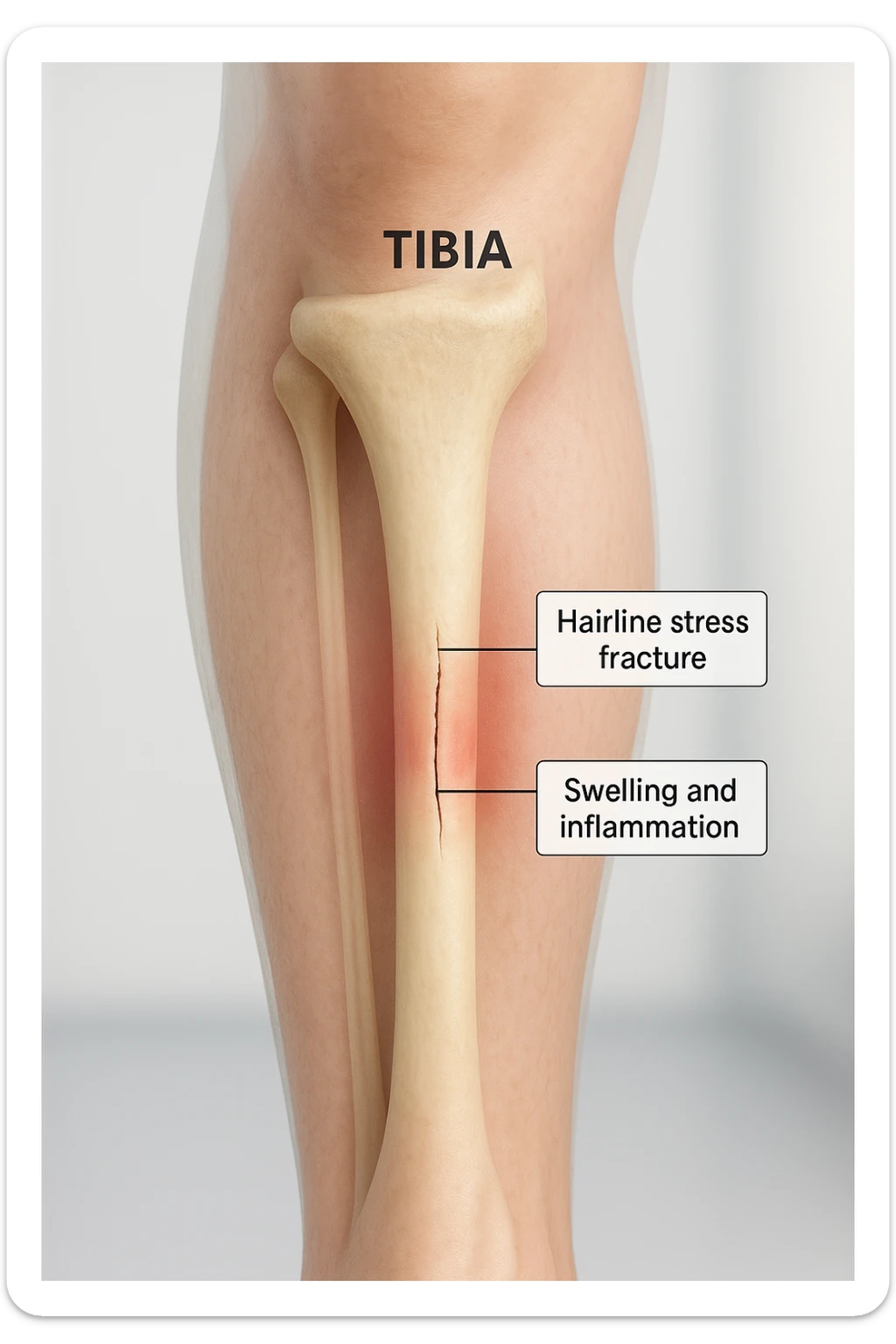 3D realistic medical illustration: a close-up of a human lower leg (tibia), showing the bone with a visible hairline stress fracture. The surrounding soft tissue is semi-transparent, highlighting mild swelling and inflammation. Educational labels point to the fracture site. The background is clean and clinical, with a subtle gradient. sticker